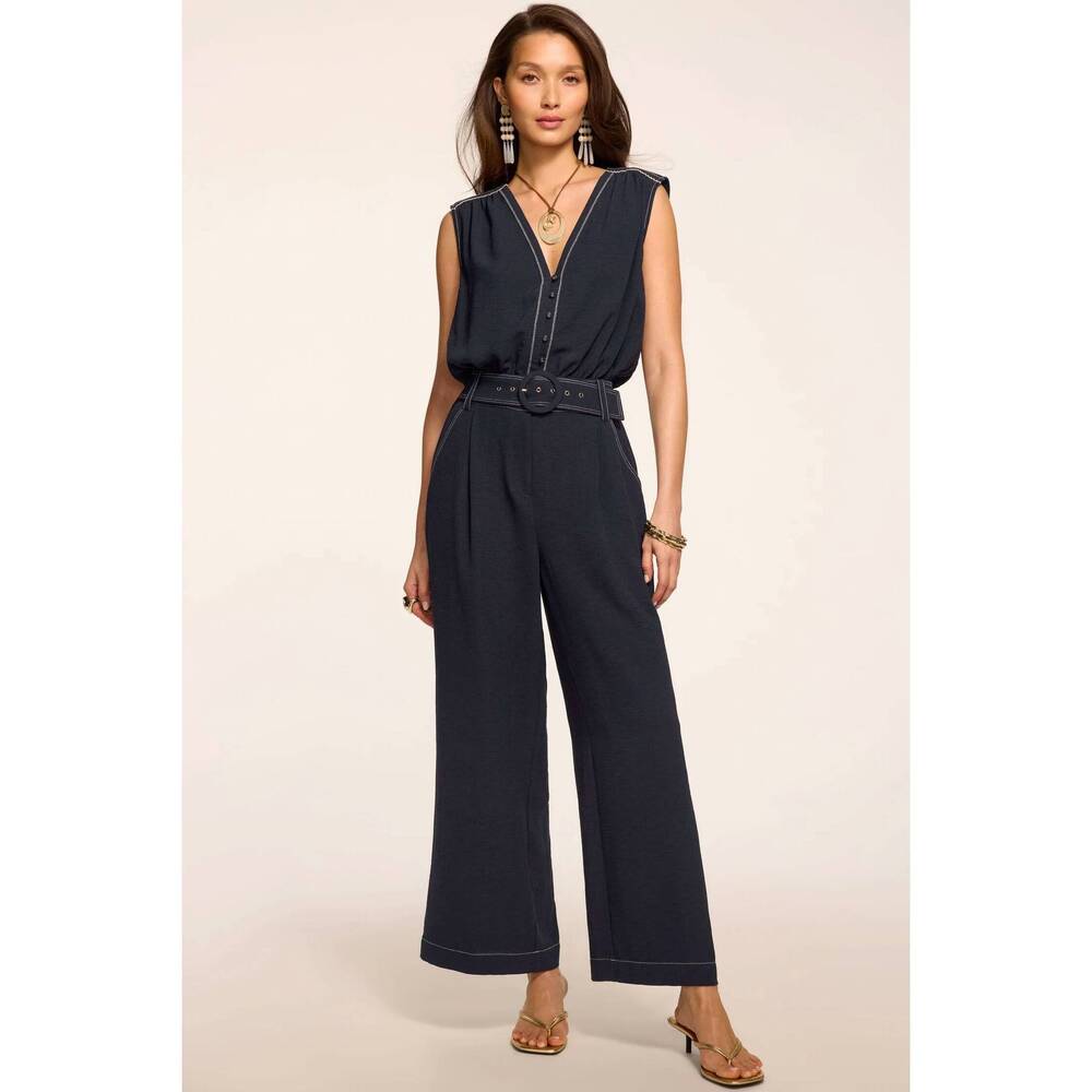 NEW RAMY BROOK astrid v-neck belted sleeveless textured jumpsuit in navy